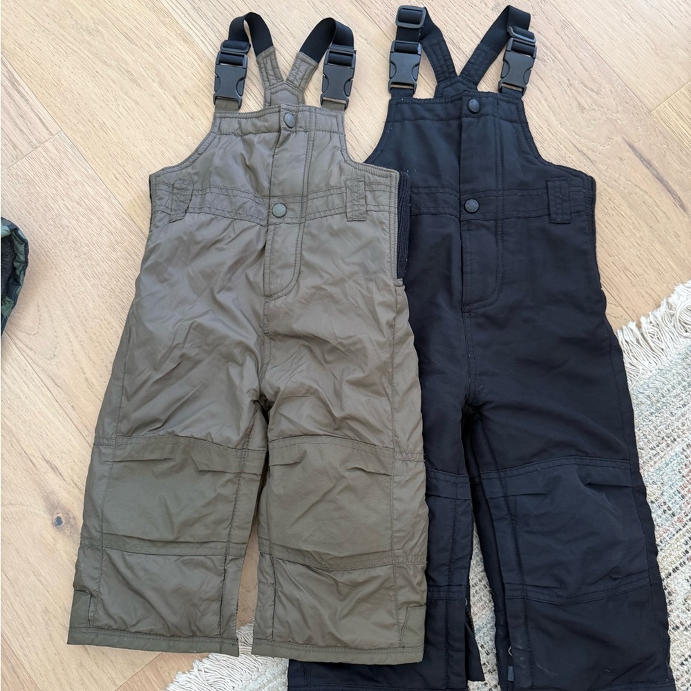 Two GAP Kids' Black and olive cold control max bib snowpants